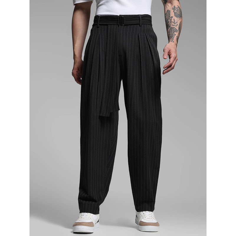 Jack & Jones Men Black Stripes Trouser with Belt (XL)