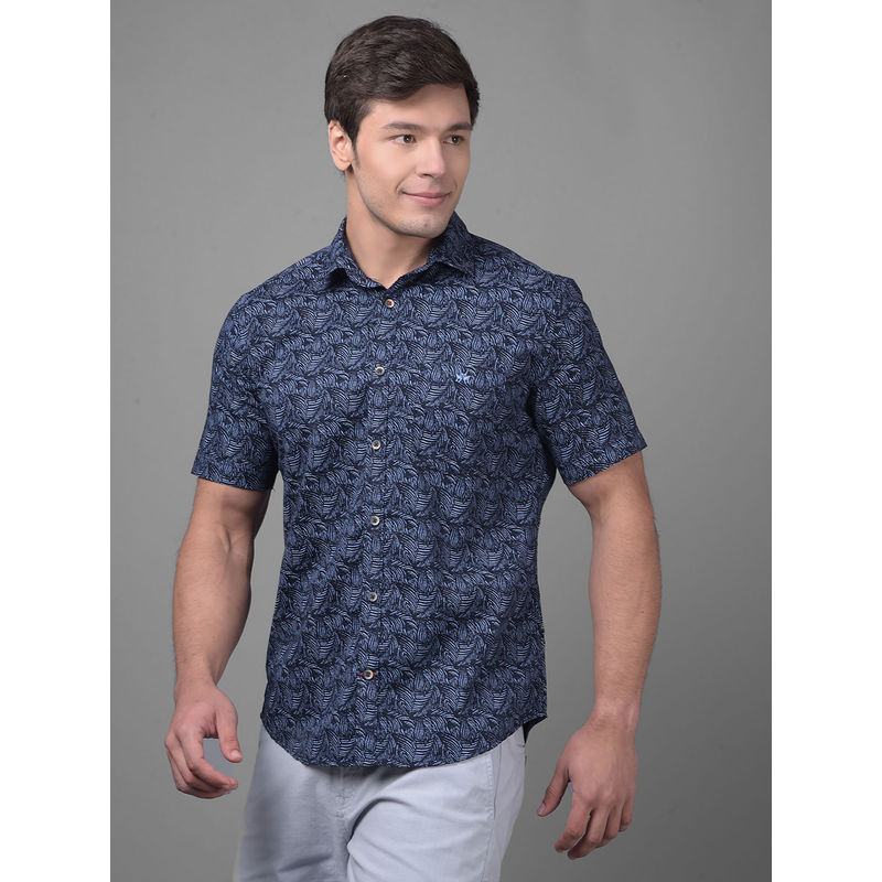 CRIMSOUNE CLUB Mens Navy Blue Floral Half Sleeves Collar Neck Casual Shirt (S)