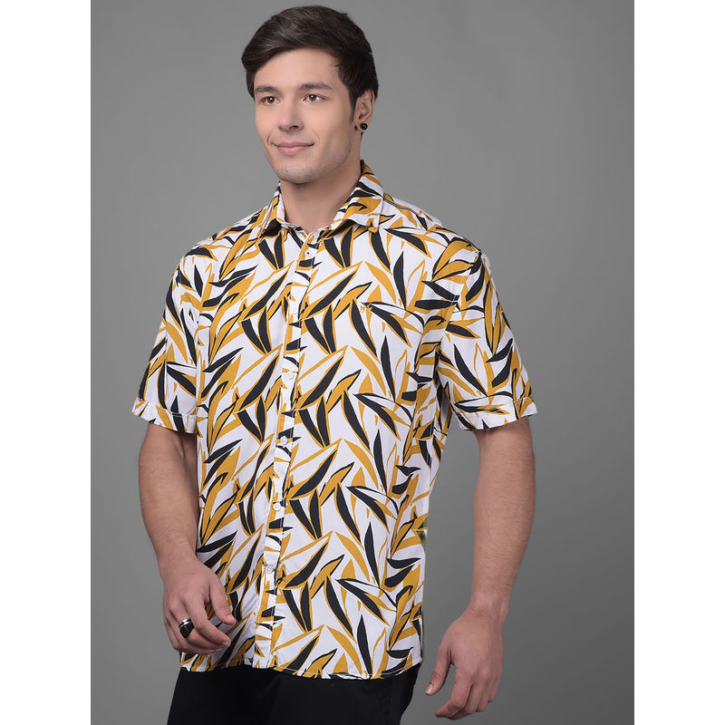 CRIMSOUNE CLUB Mens White Printed Half Sleeves Collar Neck Casual Shirt (S)