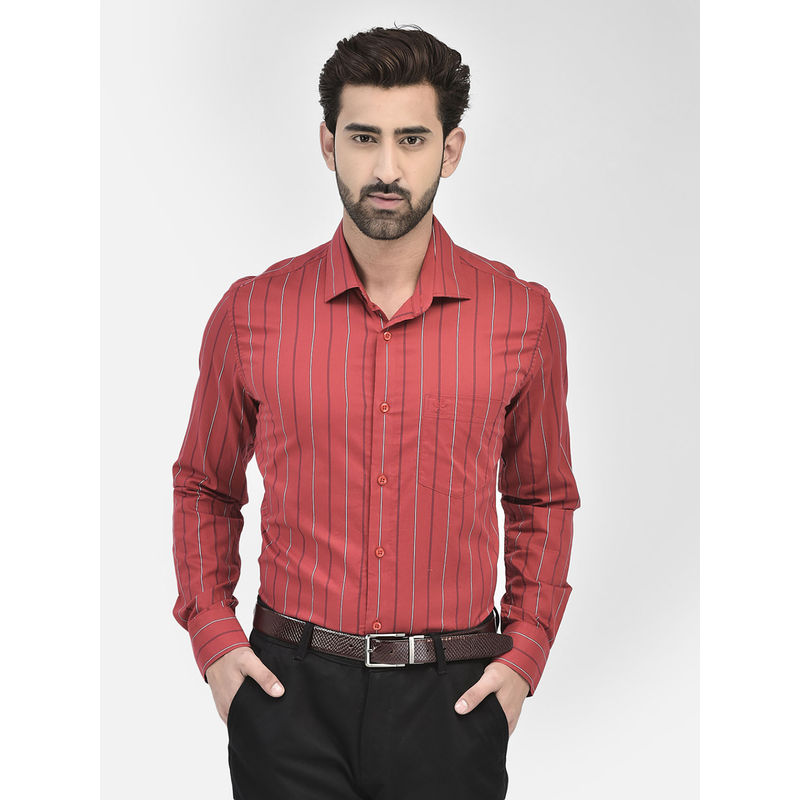 CRIMSOUNE CLUB Mens Red Stripes Full Sleeves Collar Neck Casual Shirt (S)