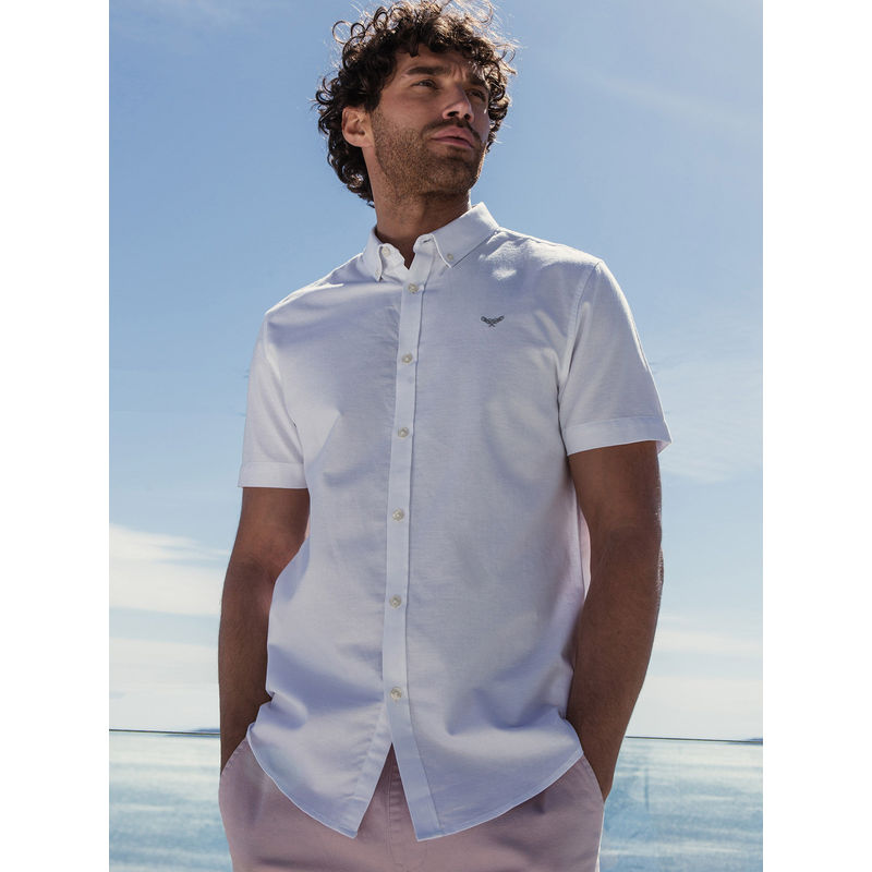 Threadbare Men White Cotton Regular Fit Short Sleeve Shirt (M)