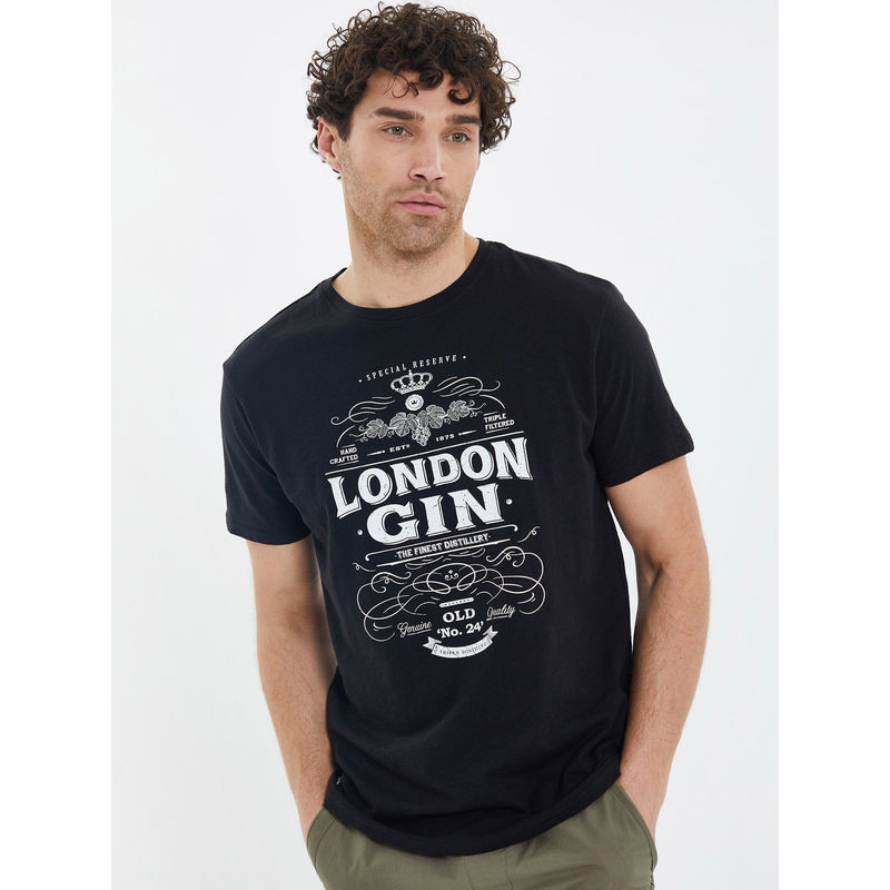 Threadbare Men Black Cotton Slub Graphic Short Sleeve T-Shirt (S)