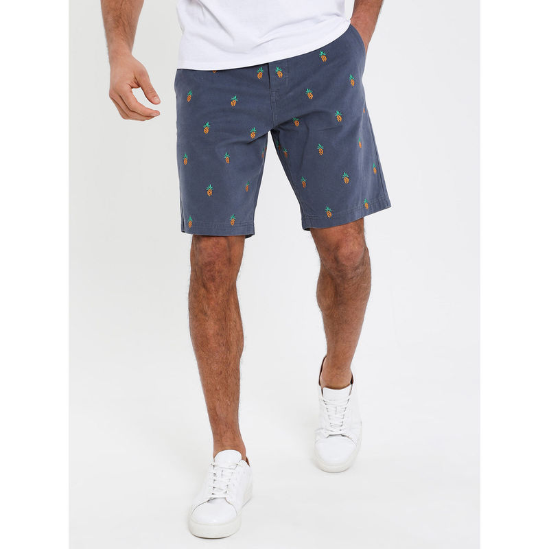 Threadbare Men Misty Blue Embroidered Pineapple Print Chino Shorts (30)