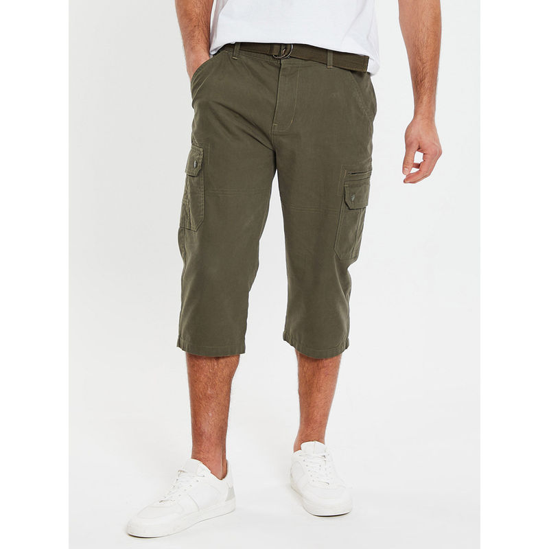 Threadbare Men Green Three Fourth Length Belted Cargo Trousers (Set of 2) (36)