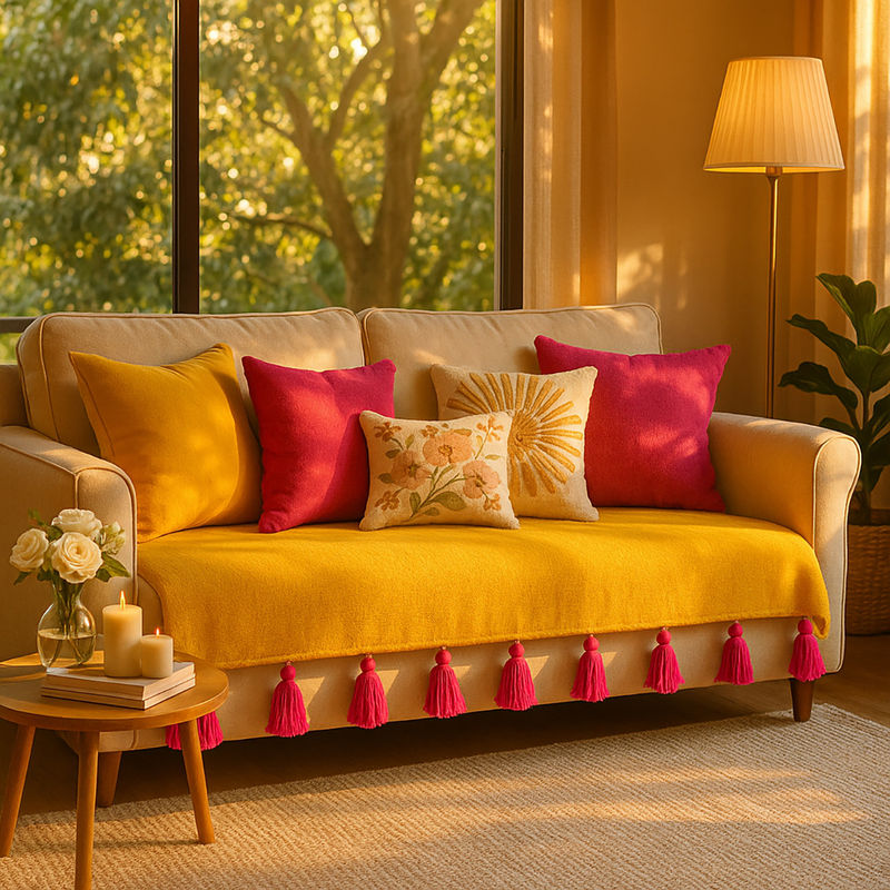 THROW PILLOW Ochre Sofa Cover With Magenta Tassels Yellow (3 Seater)