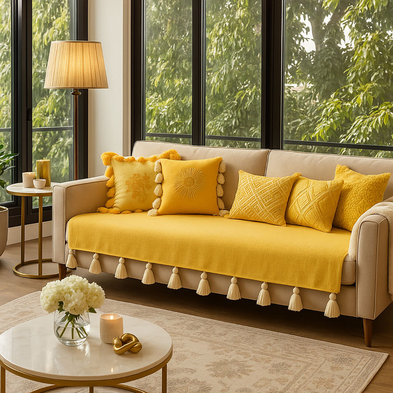THROW PILLOW Yellow Sofa Cover With White Tassels Yellow (3 Seater)