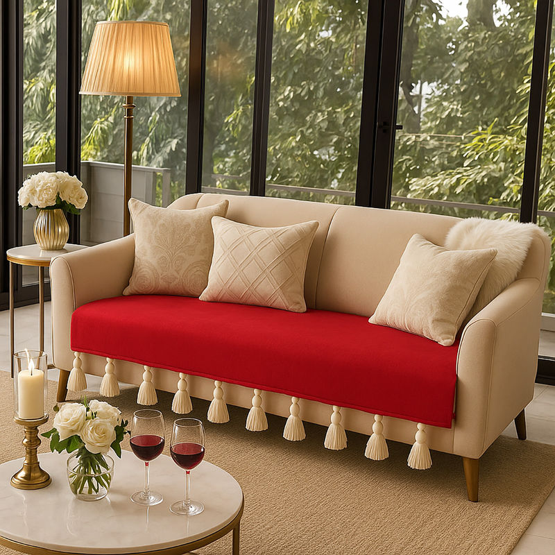 THROW PILLOW Red Sofa Cover With White Tassels Red (2 Seater)