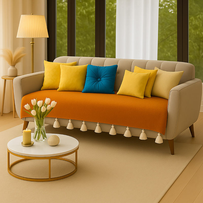 THROW PILLOW Orange Sofa Cover With White Tassels Orange (2 Seater)