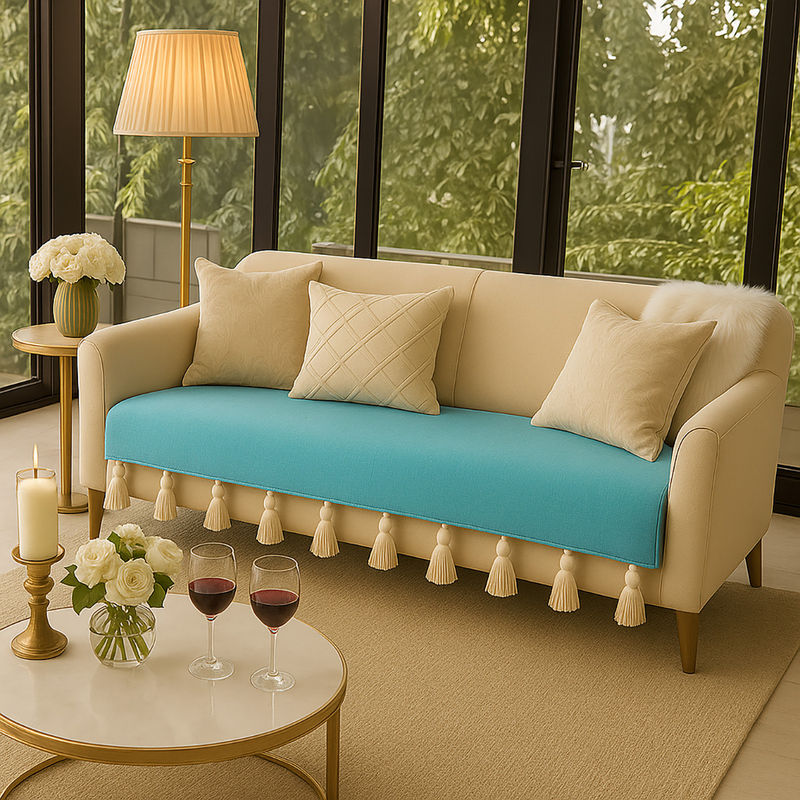 THROW PILLOW Ice Blue Sofa Cover With White Tassels Turquoise Blue (2 Seater)
