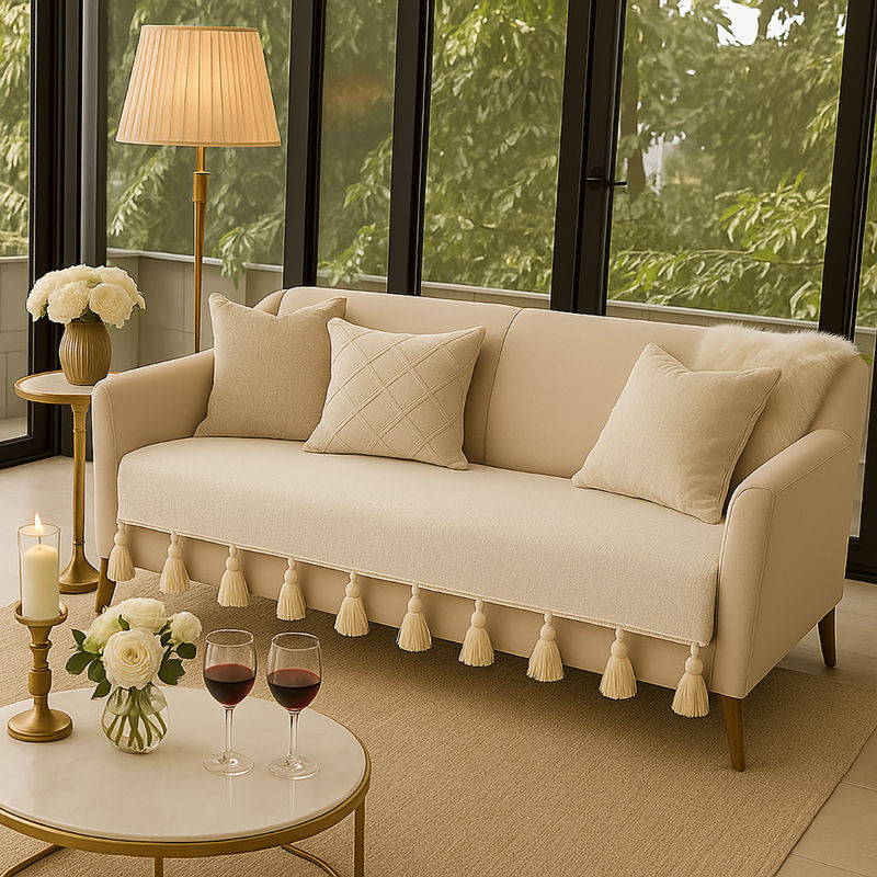 THROW PILLOW Neutral Sofa Cover With White Tassels Off White (3 Seater)