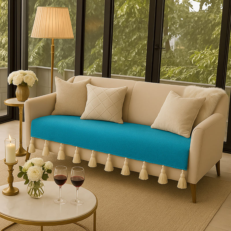 THROW PILLOW Cerulean Blue Sofa Cover With White Tassels Blue (2 Seater)