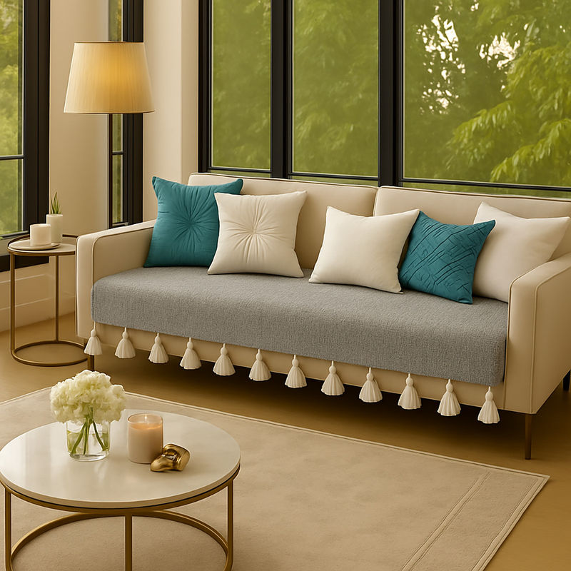 THROW PILLOW Light Grey Sofa Cover With White Tassels Grey (3 Seater)