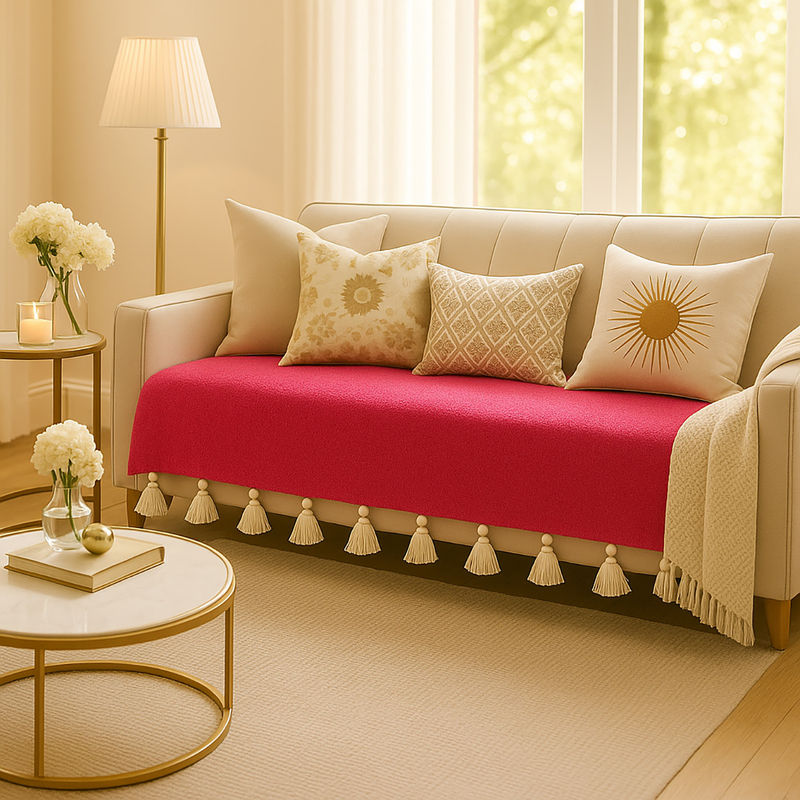 THROW PILLOW Magenta Sofa Cover With White Tassels Magenta (3 Seater)