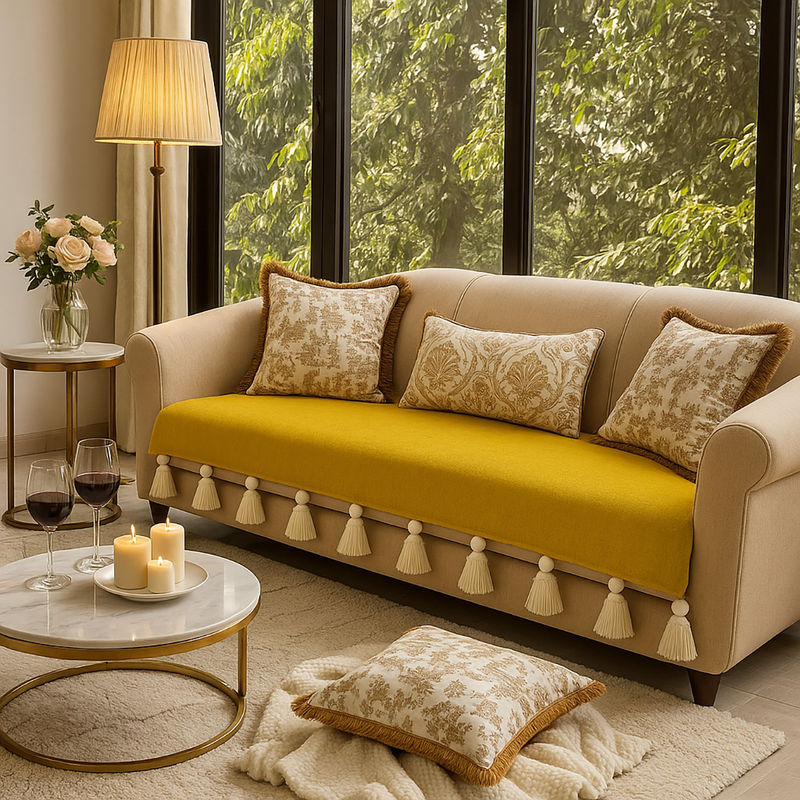 THROW PILLOW Mustard Sofa Cover With White Tassels Mustard (2 Seater)
