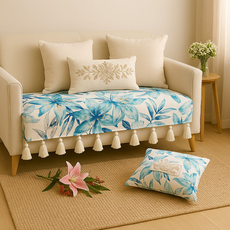 THROW PILLOW Blue Paradise Printed Sofa Cover With White Tassels Blue (2 Seater)