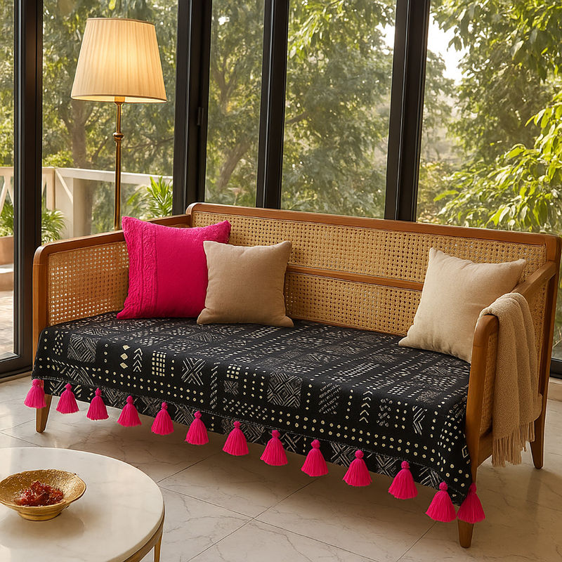 THROW PILLOW Black Tribal Printed Sofa Cover With Magenta Tassels Black (2 Seater)