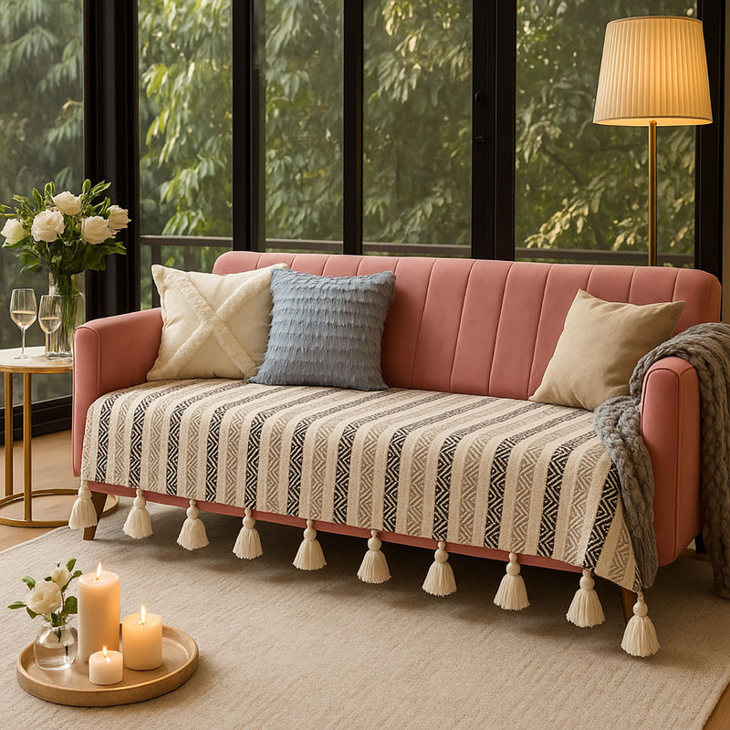 THROW PILLOW Neutral Herringbone Printed Sofa Cover With White Tassels Off White (3 Seater)