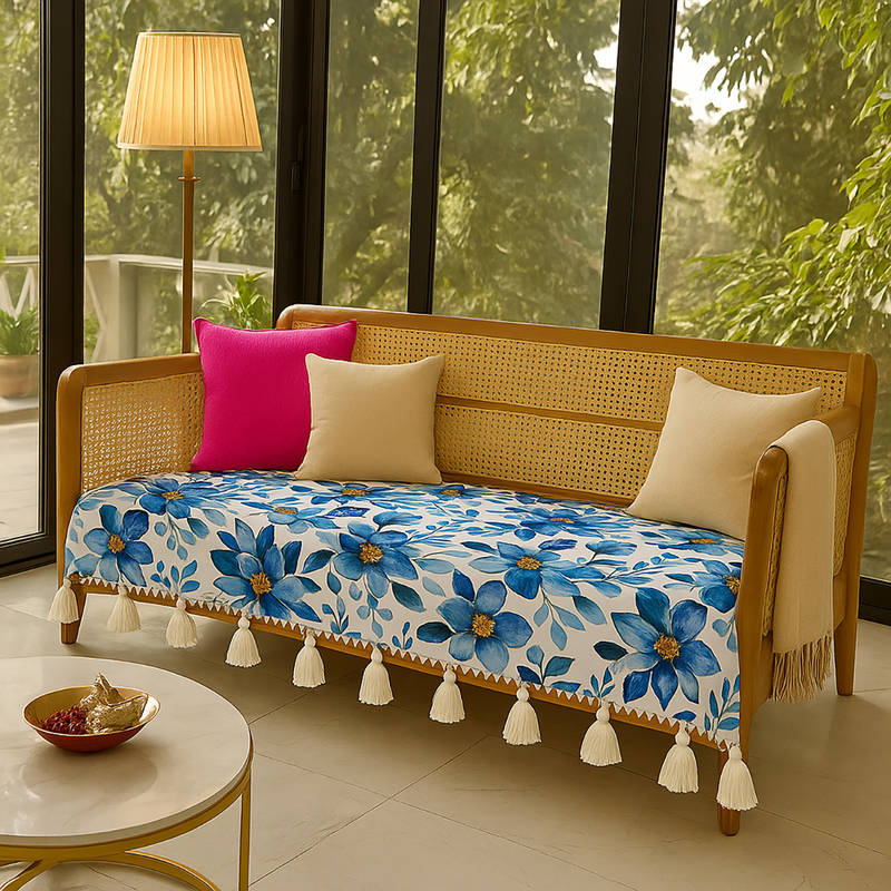 THROW PILLOW Blue Floral Printed Sofa Cover With White Tassels Blue (2 Seater)