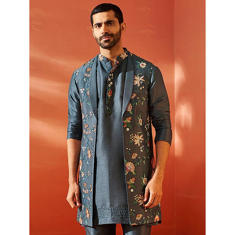 Vastramay Men Luxurious Silk Blend Nehru Jacket with Floral Embroidery (L)