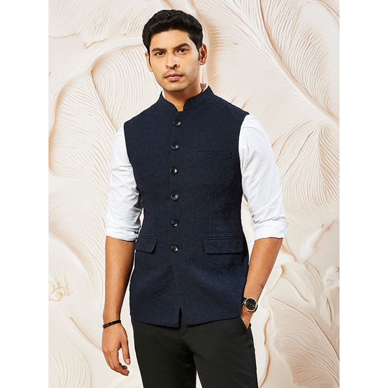 Vastramay Men's Silk Blend Emboss Fabric Nehru Jacket (L)