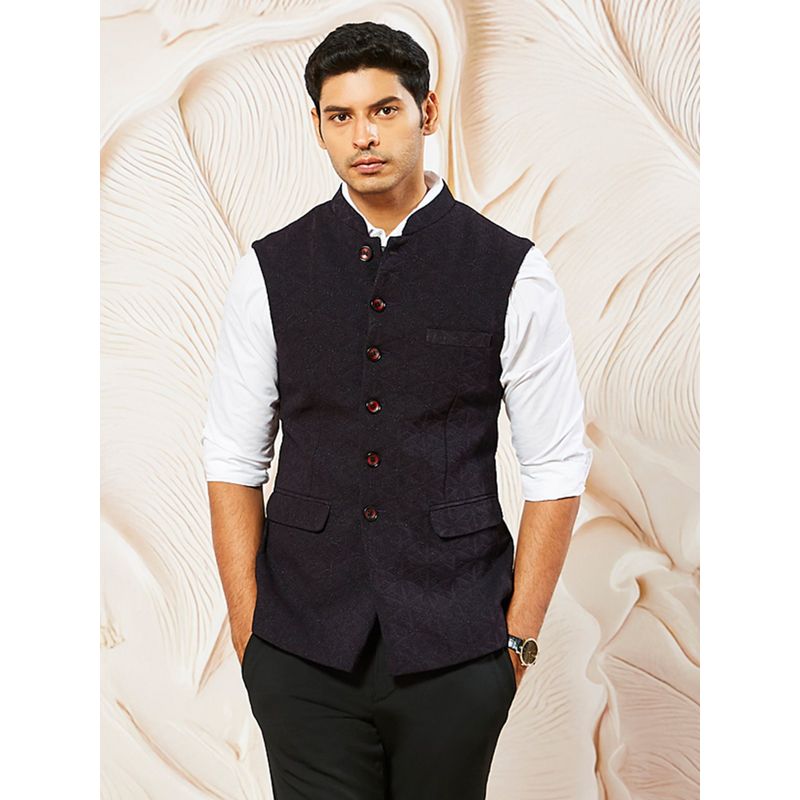 Vastramay Men's Silk Blend Emboss Fabric Nehru Jacket (M)