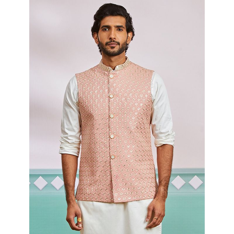 Vastramay Peach Embroidered Nehru Jacket (36)