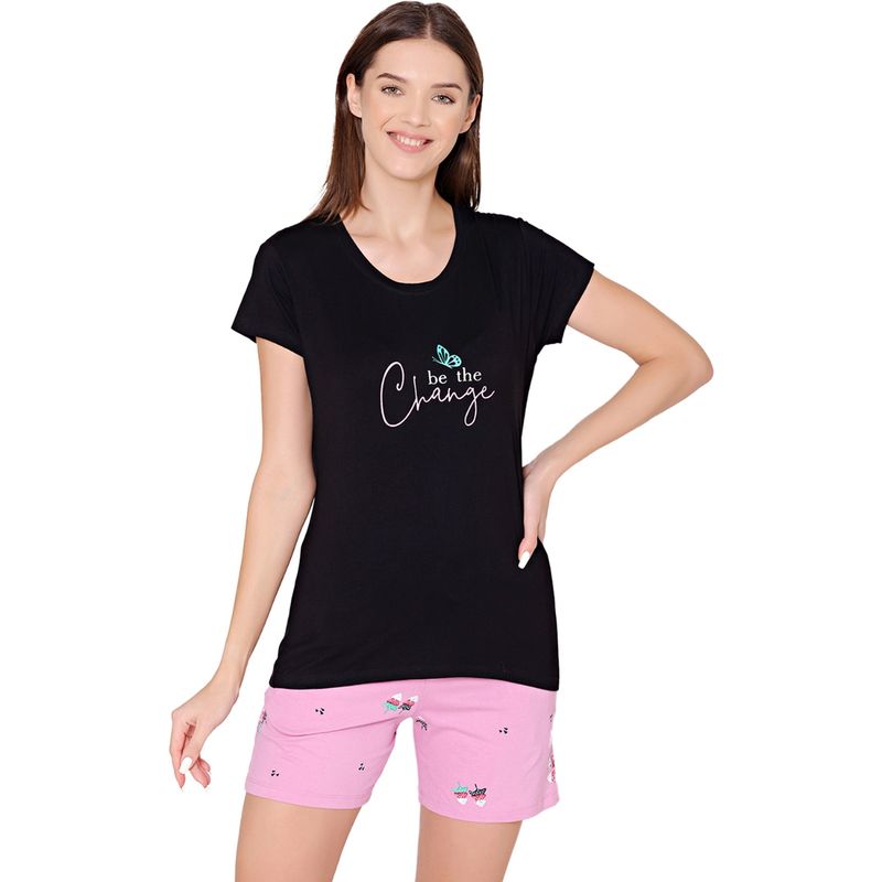 Bodycare Womens Modal Printed Night Suit of T-Shirt & Shorts -BSSS17503 Black (Set of 2) (M)