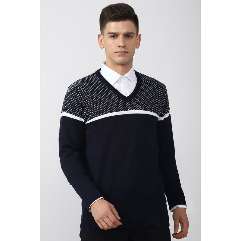 Van Heusen Men Navy Print V-Neck Sweater (XL)