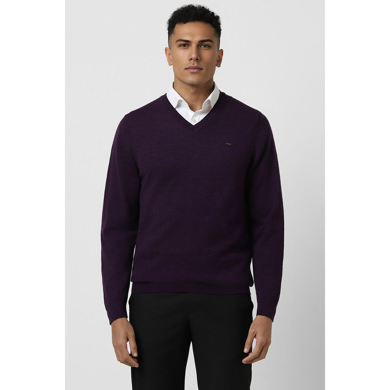 Van Heusen Men Purple Textured V Neck Sweater (XL)