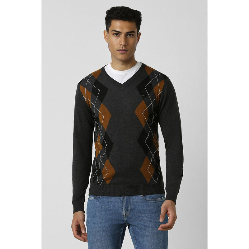 Van Heusen Men Grey Argyle V Neck Sweater (S)