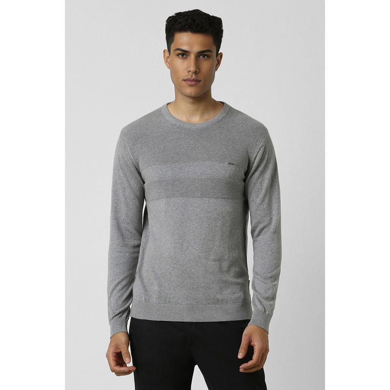 Van Heusen Men Grey Textured Crew Neck Sweater (M)