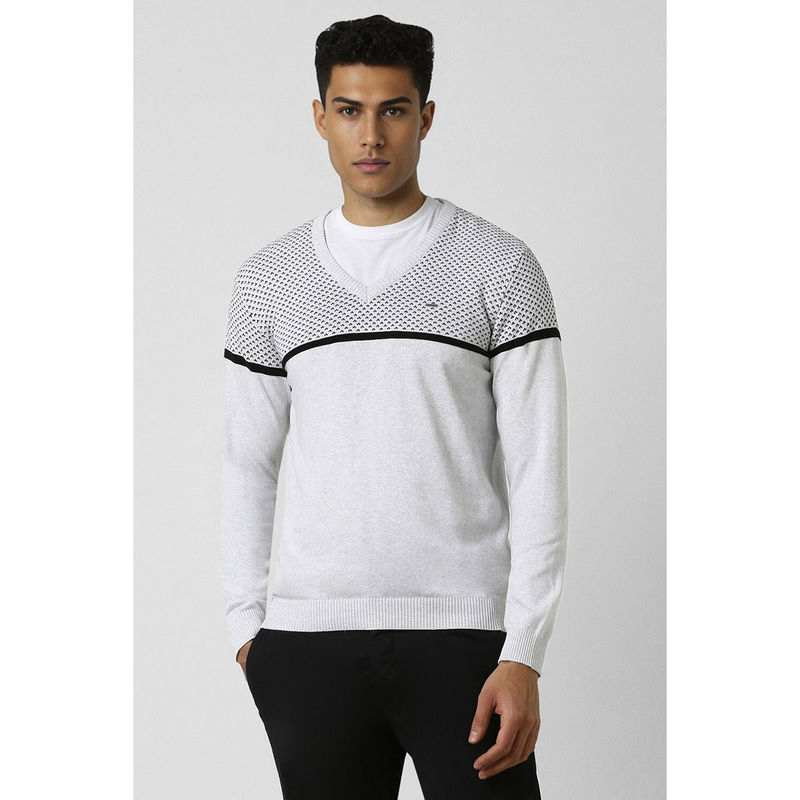 Van Heusen Men White Print V Neck Sweater (M)