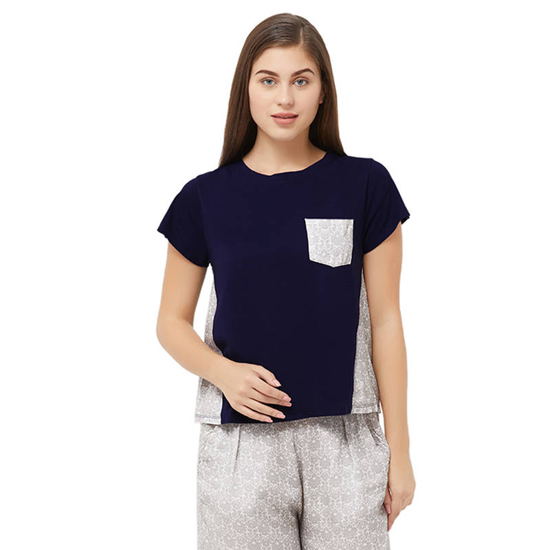 SOIE Women's Panelled Print Solid Crop Top - Blue (L)