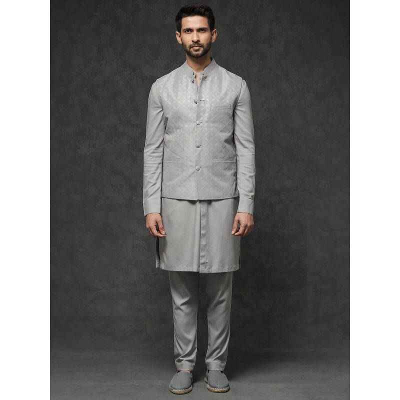 Rare Rabbit Men's Grey Embroidered Kurta with Pyjama and Jacket (XL)