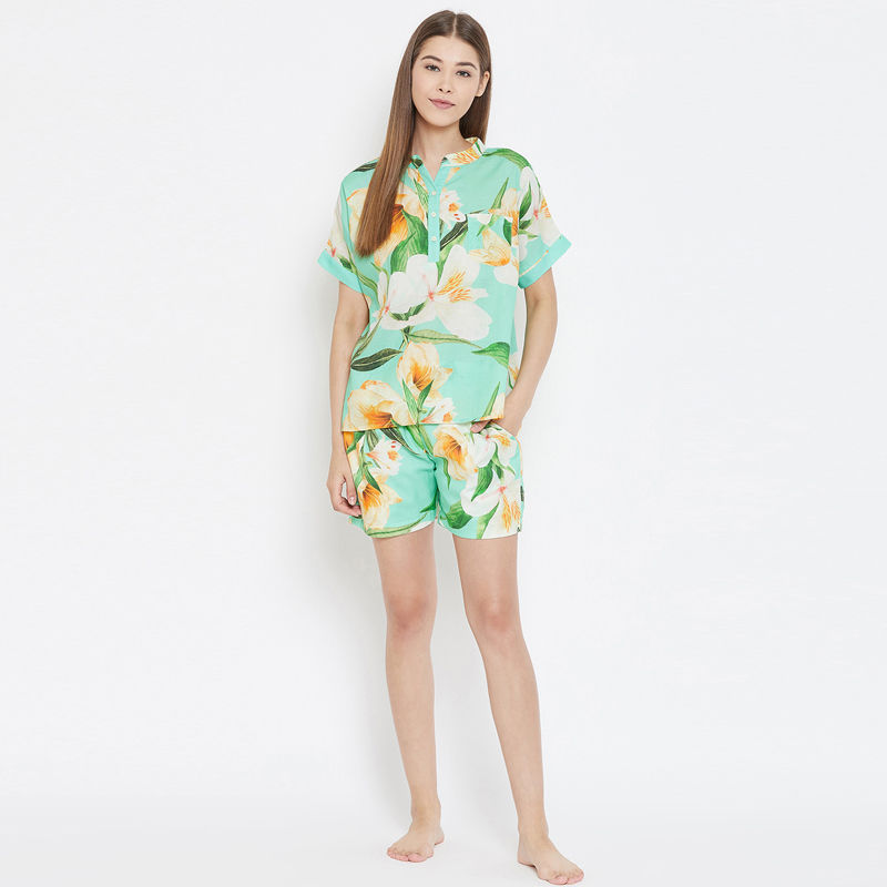 The Kaftan Company Tropical Florette Shorts Set - Sea Green (S)