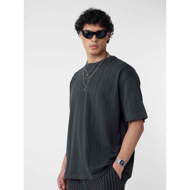 The Souled Store Grey Self Design Oversized Fit T-Shirt (M)
