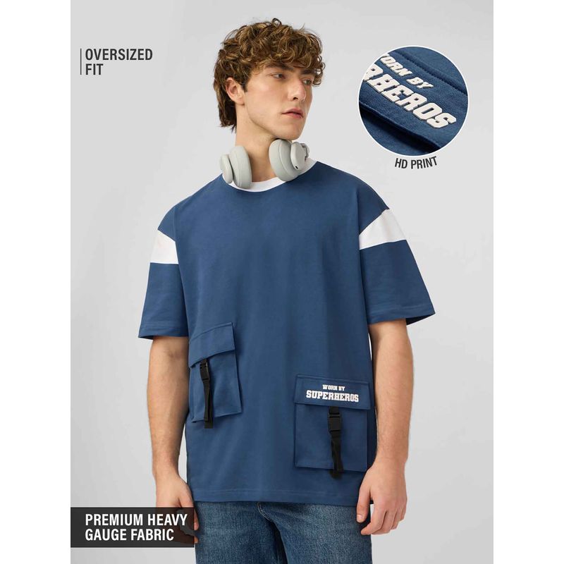 The Souled Store Blue Printed Oversized Fit T-Shirt (L)