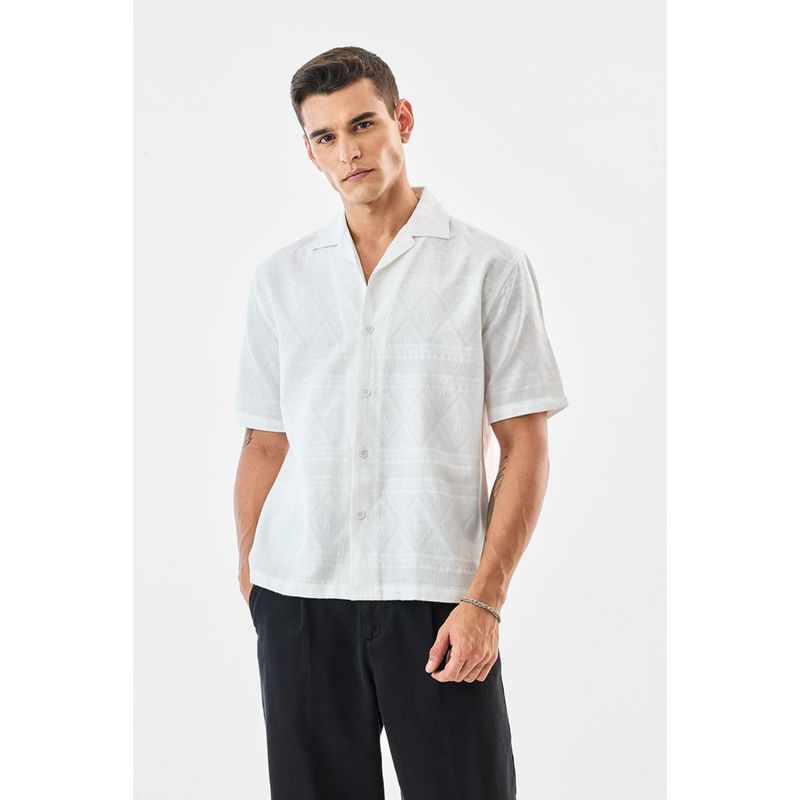 Snitch Men White Textured Half Sleeves Boxy Casual Shirt (S)