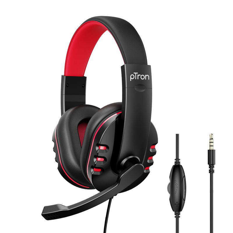 pTron Soundster Arcade Over-ear Wired Headphones with Stereo Audio,  Adjustable Mic (Black Red)