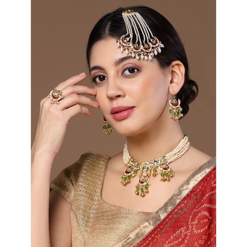 Cream & Green Passa Head Jewellery with Kundan &  Pearls