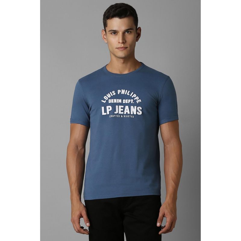 Louis Philippe Men Blue Embroidered Crew Neck T-Shirt (2XL)