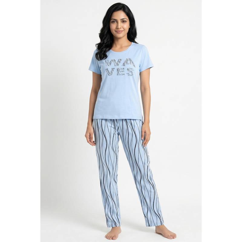 Zivame Wavy Stripes Knit Cotton T-shirt with Pyjama - Ice Water (XL)