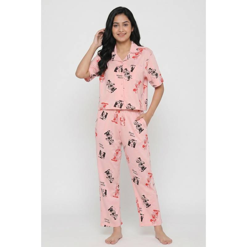 Zivame Mickey And Friends Knit Cotton Shirt with Pyjama - Gossamer Pink (XL)