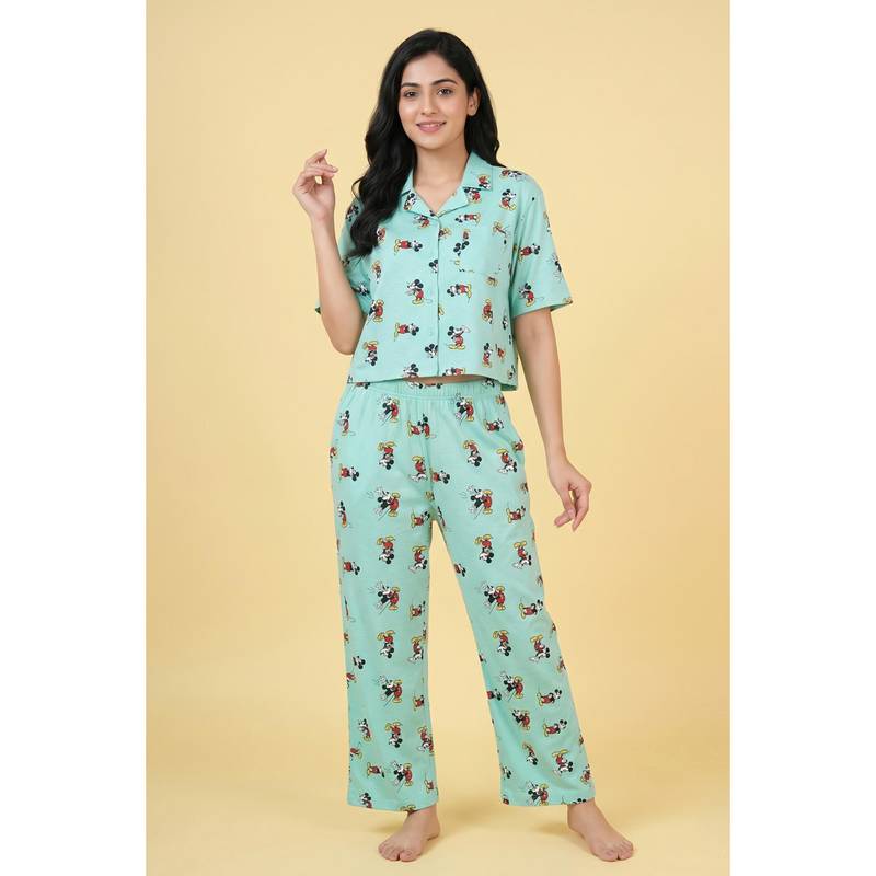 Zivame Mickey And Friends Knit Cotton Shirt with Pyjama - Yucca (XL)