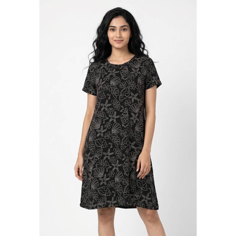 Zivame Sea Shell Knit Cotton Knee Length Nightdress - Black Beauty (XS)
