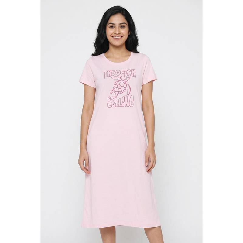 Zivame Turtle Print Knit Cotton Mid Length Nightdress - Festival Bloom (XL)