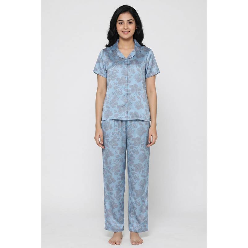 Zivame Satin Shirt with Pyjama - Glacier Lake (XL)