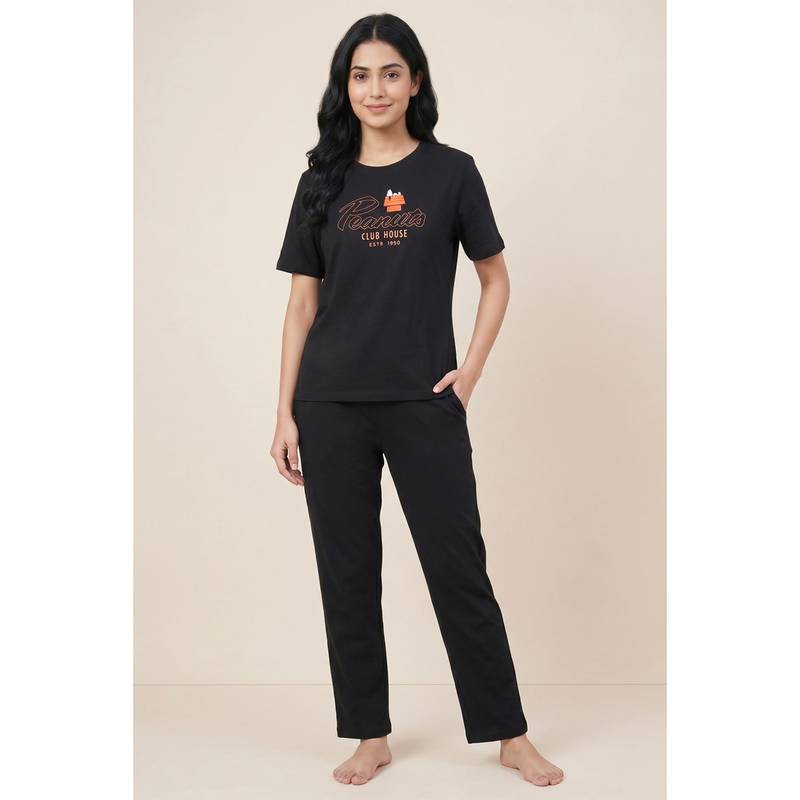Zivame Knit Cotton T-shirt with Pyjama - Black Beauty (M)