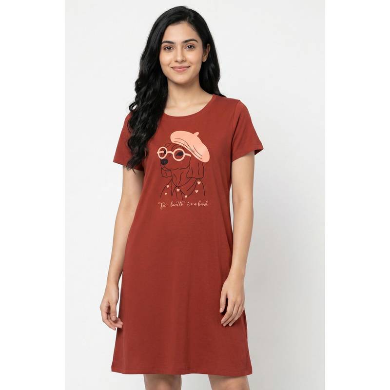 Zivame Farm Lore Knit Cotton Knee Length Nightdress With In Built Slip On Bra - Burnt Brick (M)