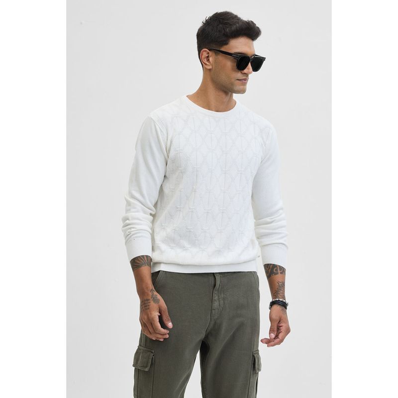 Snitch White Self-Design Slim Fit Sweater (XS)